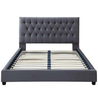 Bailey Velvet Tufted Platform Bed Frame – Mid-Century Upholstered Bed (3 Colors, No Box Spring) in gray with slat system.