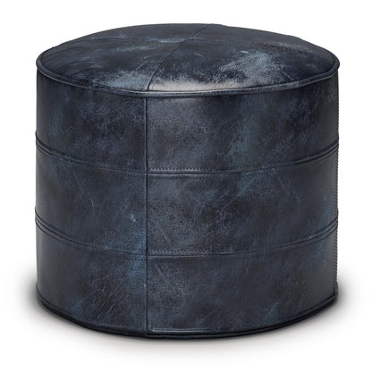 Connor Blue Leather Pouf – 18" Round Pouf