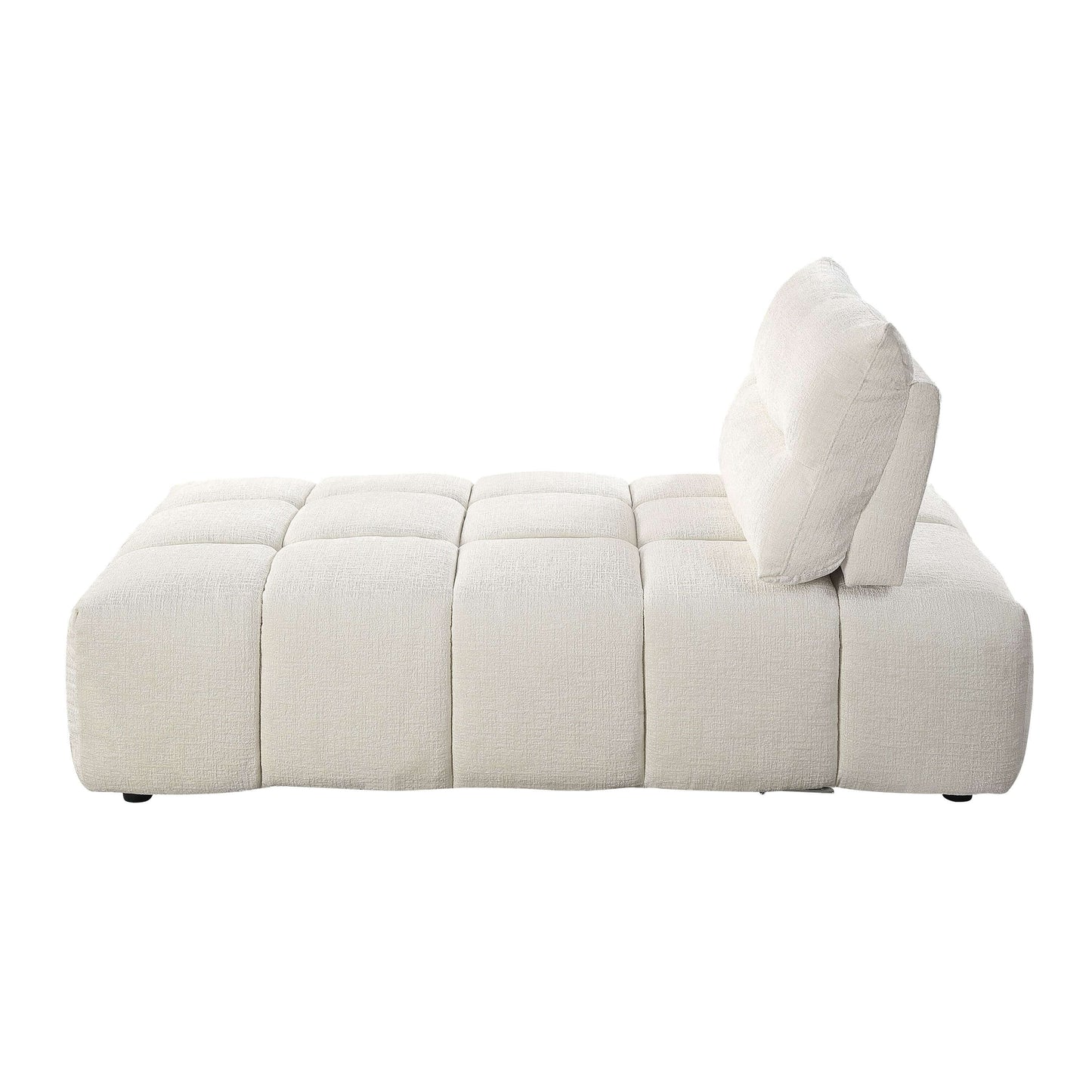 Beige Modular Sectional with Chaise & Ottoman featuring adjustable backrest and plush textured fabric.
