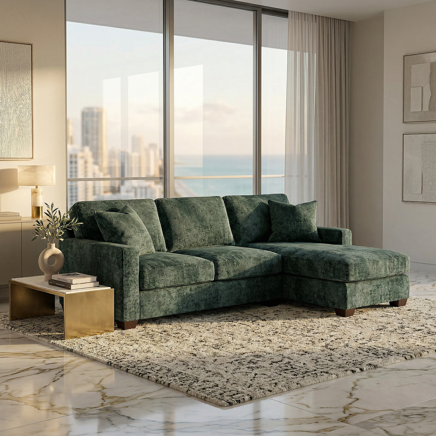 Clifford L-Shaped Sectional Sofa – Made in USA, 9 Fabric Options - Green Velvet Antique Charcoal (1)