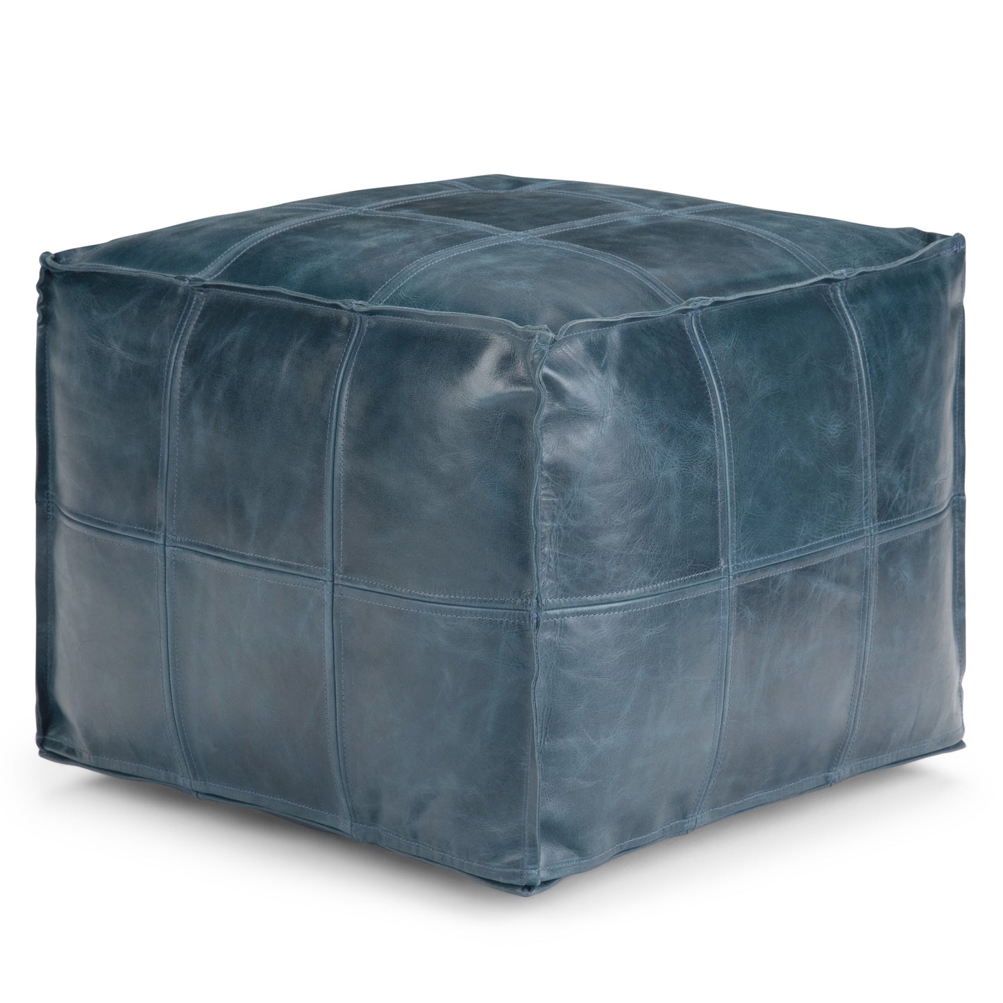Manning Blue Leather Pouf – 18.1" Square Pouf