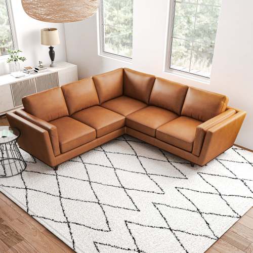 Erman MCM Genuine Leather Corner Sofa Sectional 89" – Mid-Century Modern Leather Sectional in a stylish living room.