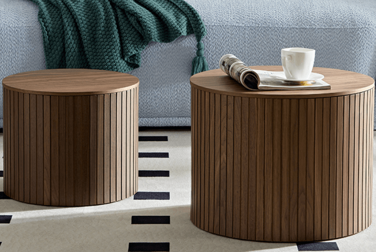 Handcrafted MDF Round Accent Table Set (2-Piece) – Nesting Side Tables with Storage (2 Colors) in a modern living room.