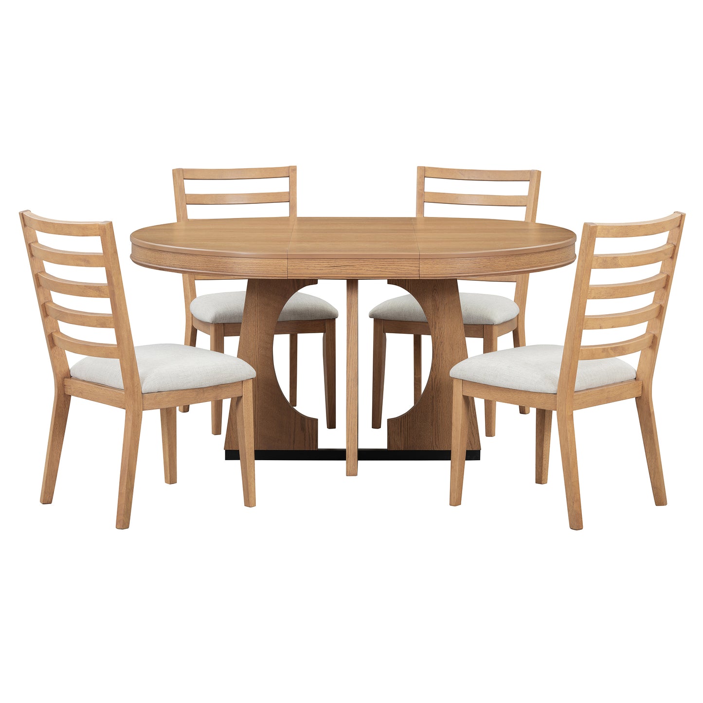 Dunstan Natural 5-Piece Round Dining Set – 42"-58" Extendable Geometric-Base Table & 4 Ladder-Back Chairs