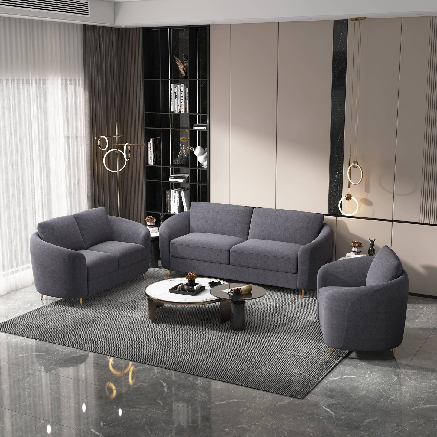 Yuina Gray Linen 3-Piece Living Room Set – 5-Seat Sofa, Loveseat & Chair