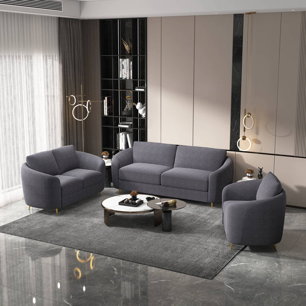 Yuina Gray Linen 3-Piece Living Room Set – 5-Seat Sofa, Loveseat & Chair