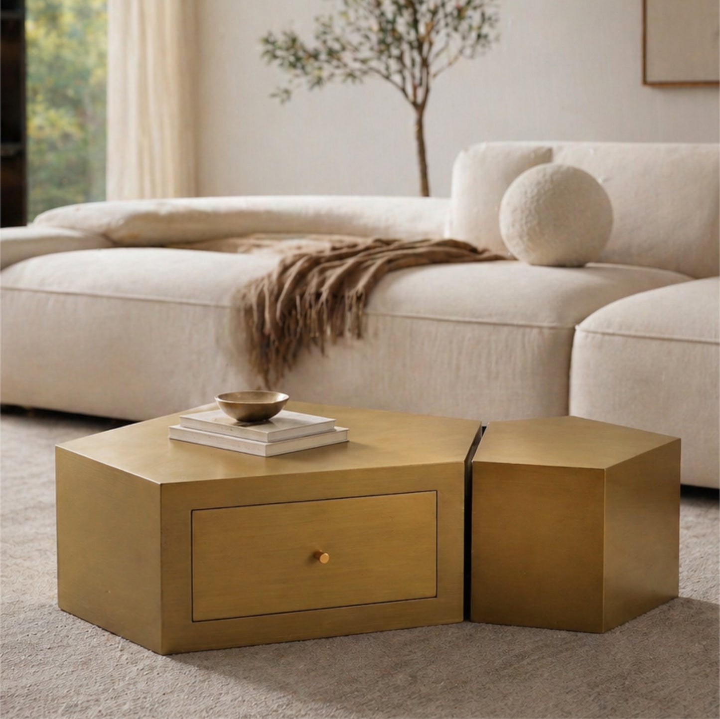 Upton Gold Faceted Nesting Coffee Tables – Set of 2, Geometric Tables with Drawers