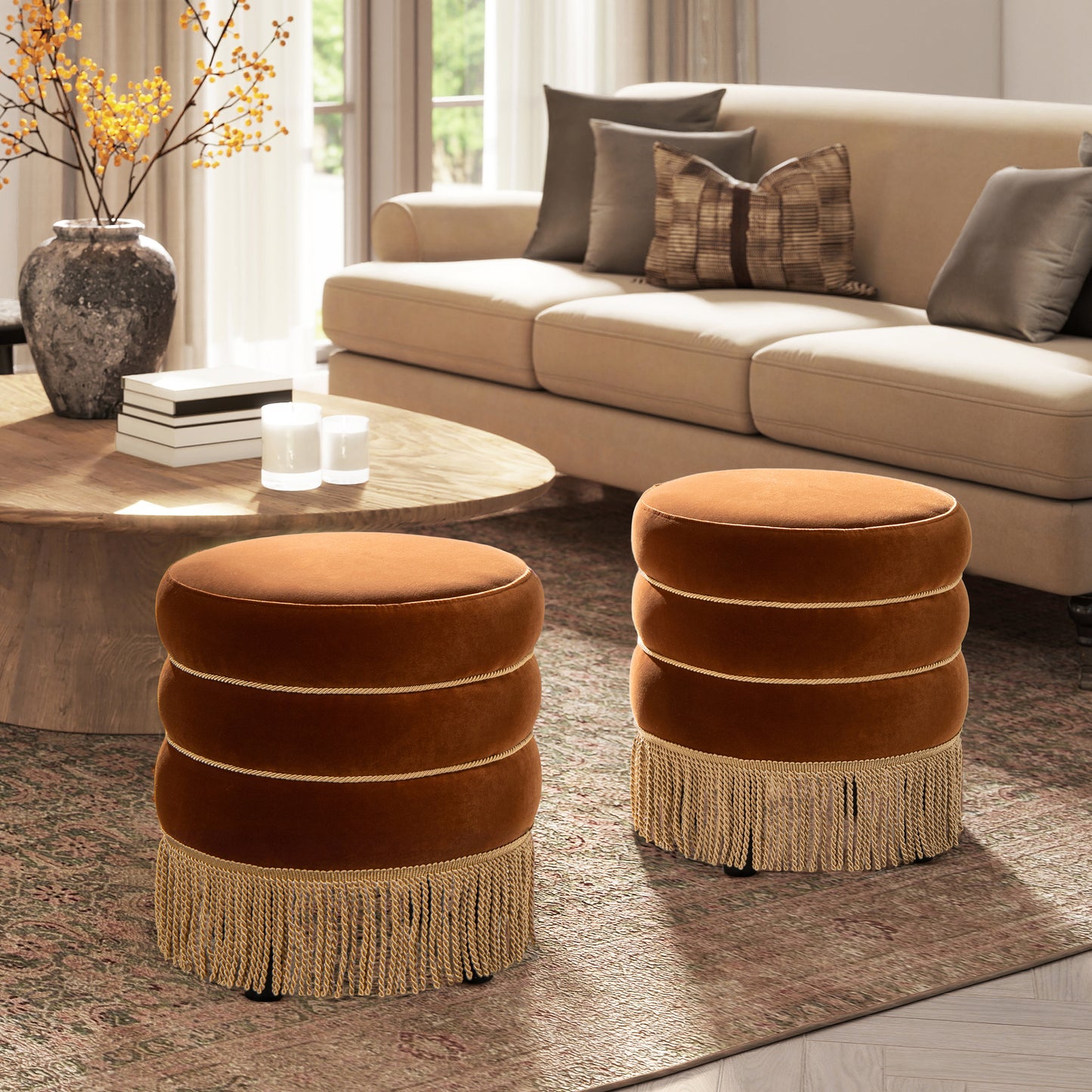 Edward Burnt Orange Velvet Ottoman – 17.5" Round Ottoman – view 4