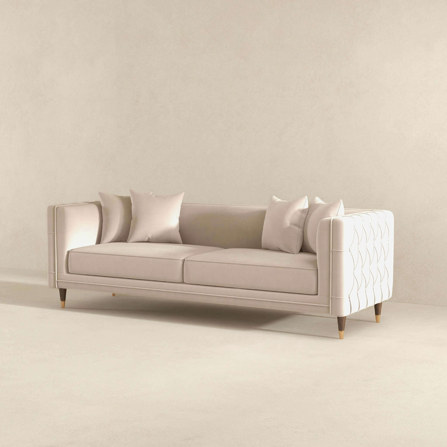 The Ashcroft Furniture Edward MCM Elegant Tufted Velvet Sofa 90 in beige, with four matching cushions, is showcased in a minimalist room featuring light-colored walls and flooring.