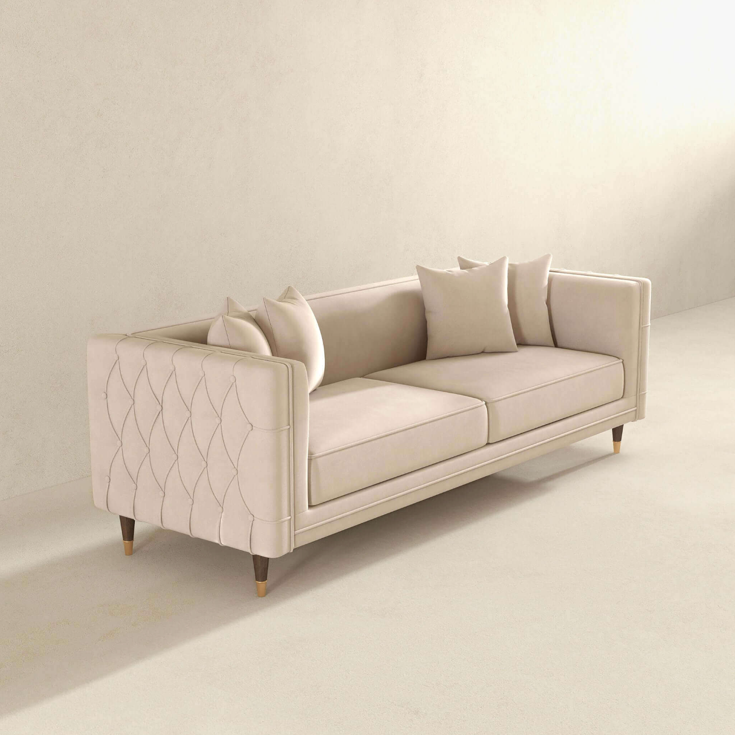 The Ashcroft Furniture Edward MCM Elegant Tufted Velvet Sofa 90 features beige velvet upholstery, tufted sides, wooden legs, and four matching throw pillows, perfect for minimalist spaces with light-colored decor.
