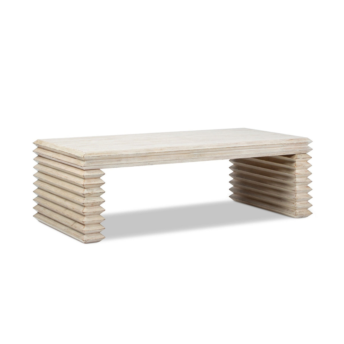 Veda 55" Reclaimed Wood Stacked Geometric Waterfall Coffee Table in Whitewashed Natural Pine Wood