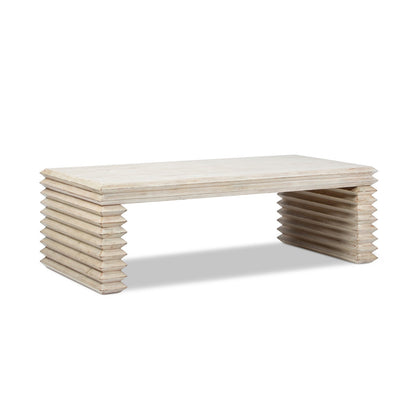 Veda 55" Reclaimed Wood Stacked Geometric Waterfall Coffee Table in Whitewashed Natural Pine Wood