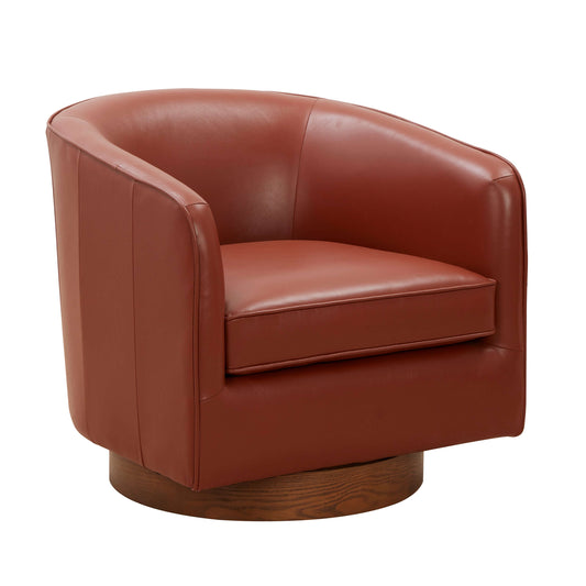 Tessa Caramel Genuine Leather & Wood Swivel Base Accent Barrel Chair - Revel Sofa