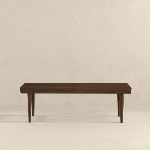 Mia Solid Teak Wood Bench – 47” Slatted Walnut Bench (Mid-Century Modern Accent Seating) with clean lines.