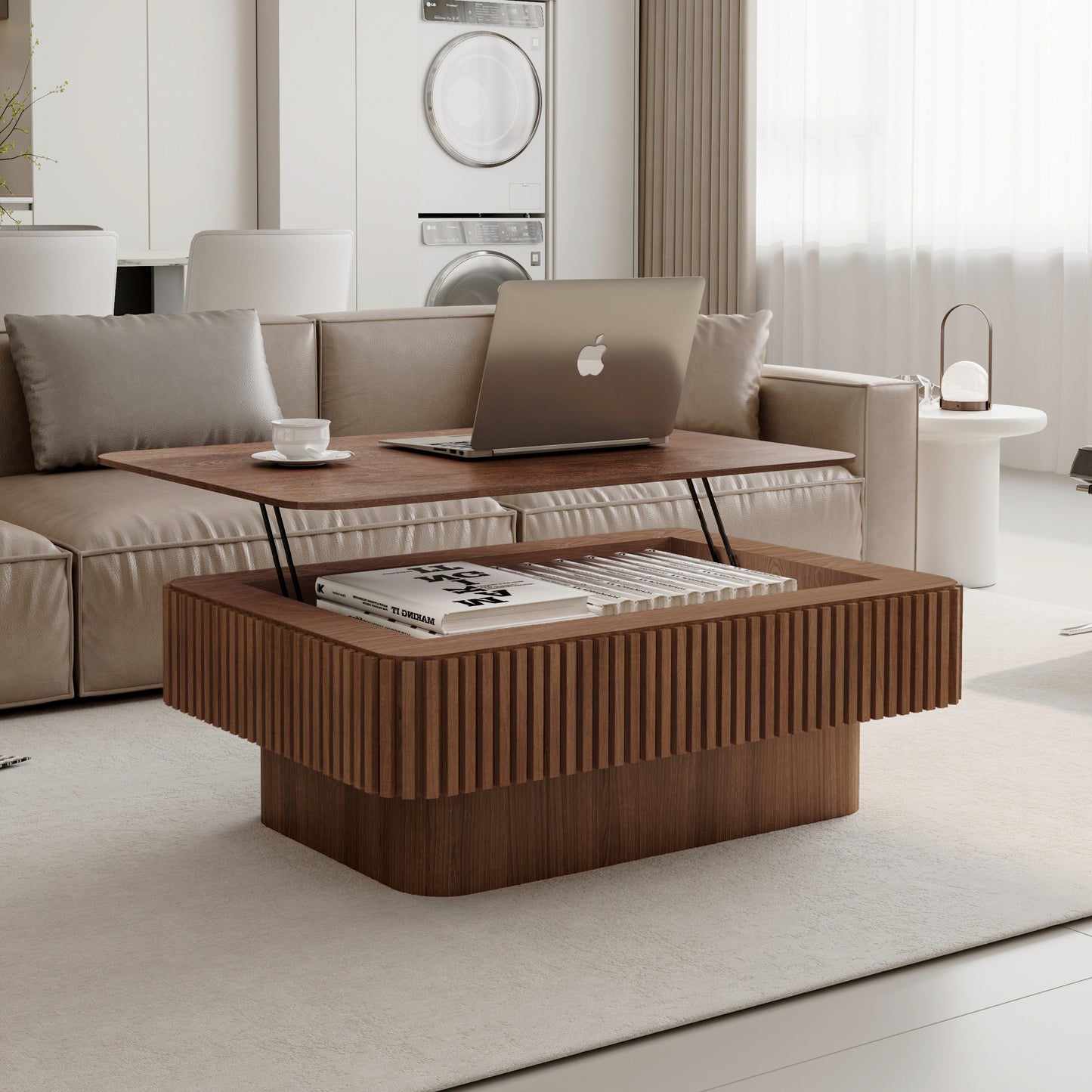 Carrick Walnut Fluted Lift-Top Coffee Table – 38.6" Storage Coffee Table with Soft-Close Lift