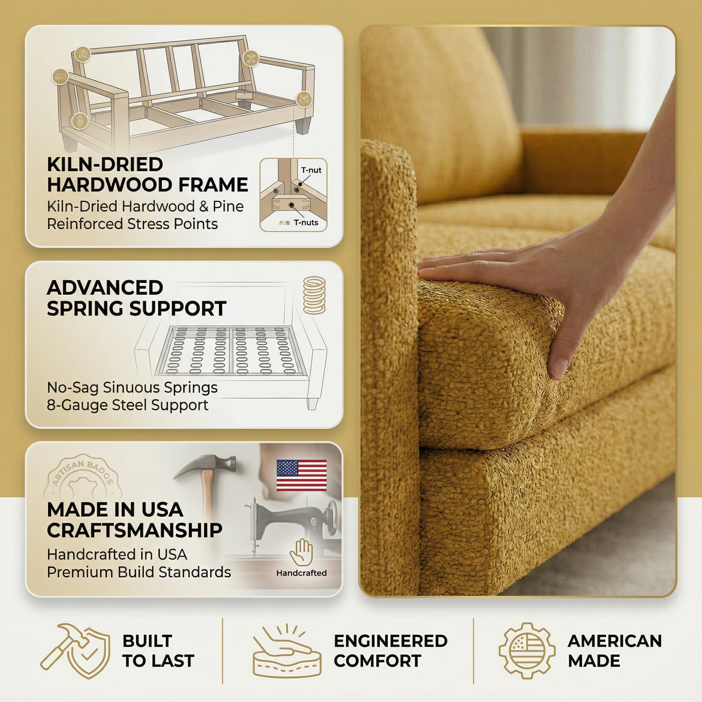 Damon American-Made Sofa – 92" Custom-Fabric Sofa - Hepburn Chai Tea Yellow Fabric (13)