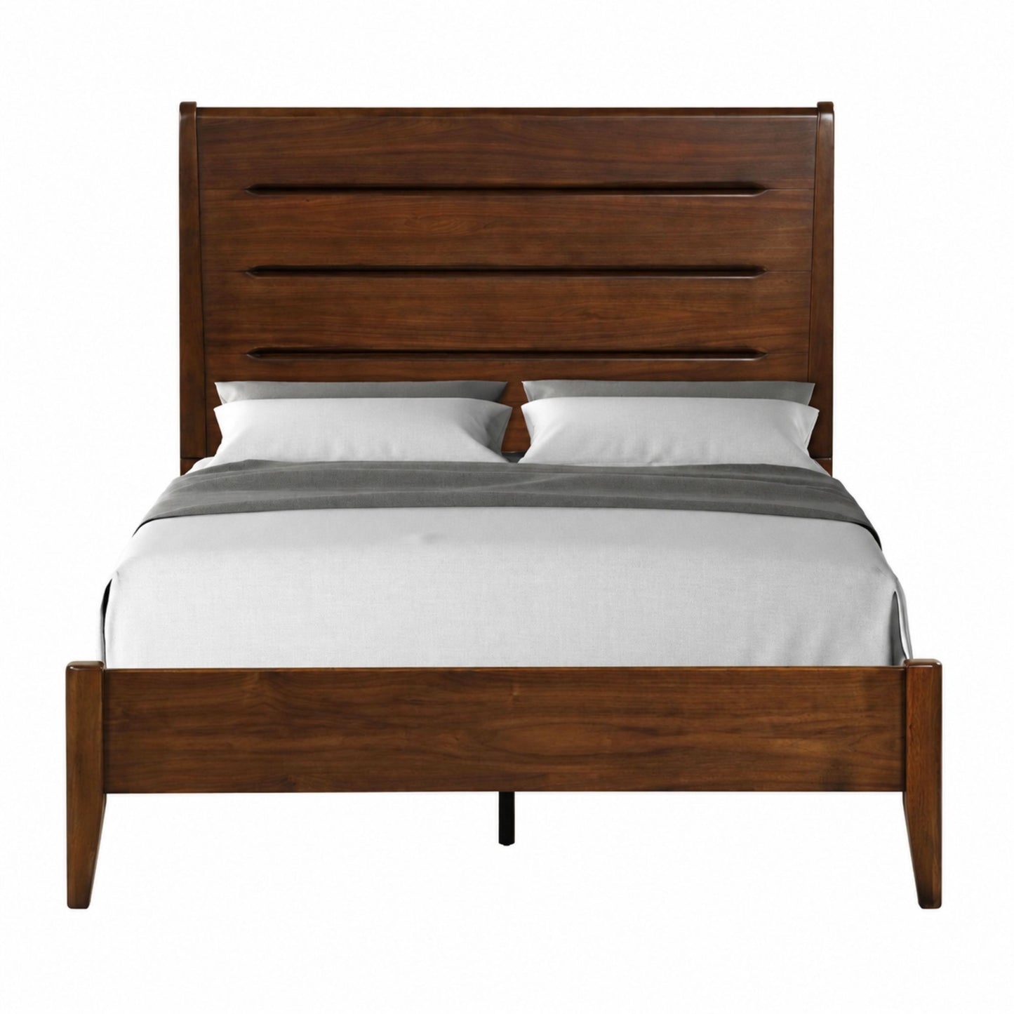 Tennyson Walnut Birch Veneer Queen Panel Bed – 63.5" Mid-Century Slotted Headboard Bed