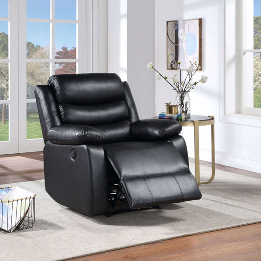 Eilbra PU Leather Power Motion Recliner (2 Color Options) in sleek black faux leather with plush cushioning.