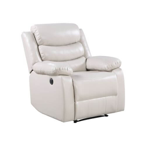 Eilbra PU Leather Power Motion Recliner (2 Color Options) in light beige faux leather with plush cushioning.