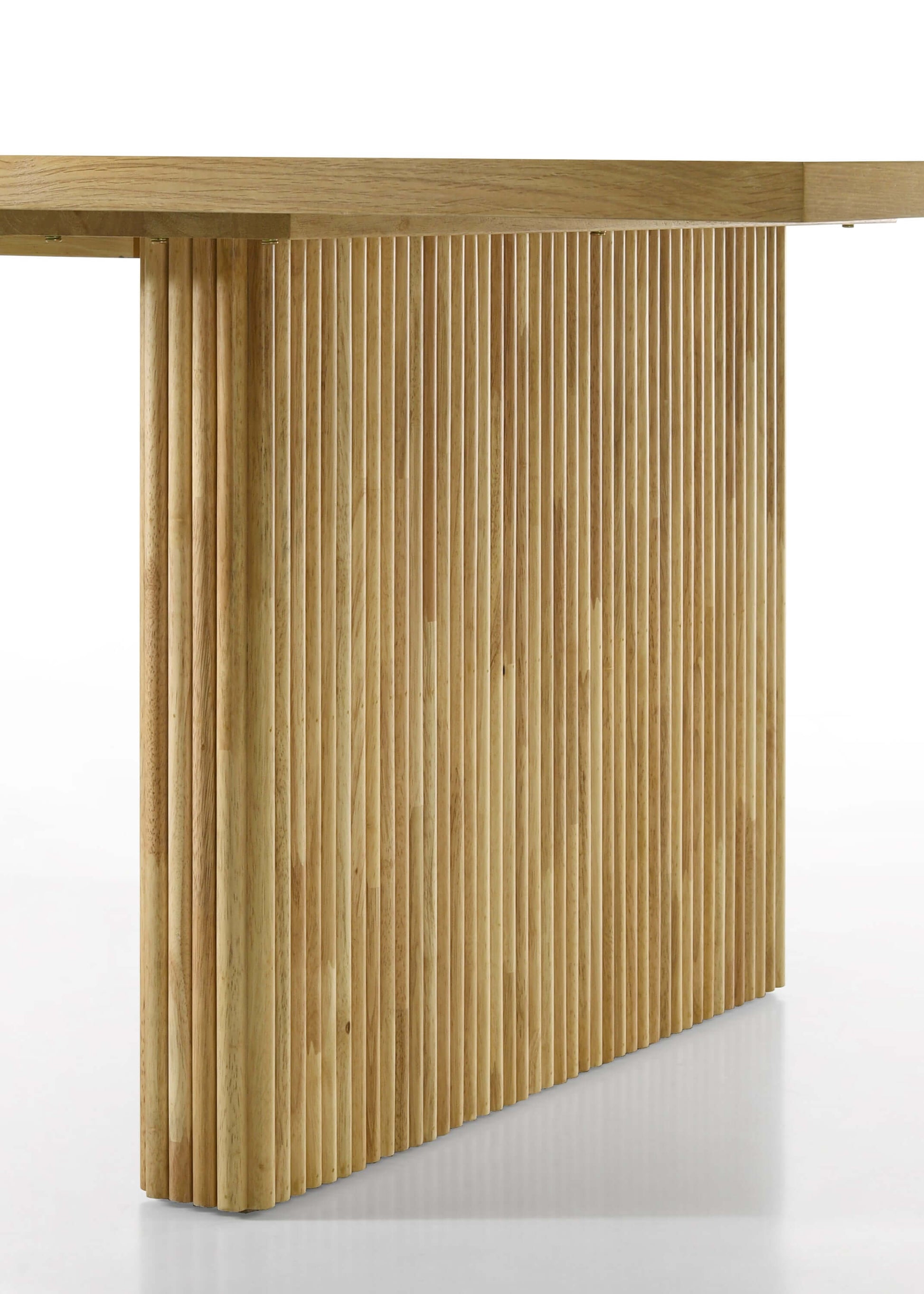 Einar Rubber Wood Natural Finish Dining Table 94"L showcasing a unique ribbed wood design and natural finish.