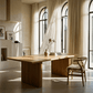 Einar Rubber Wood Natural Finish Dining Table 94"L in a bright, airy dining space with large windows and soft curtains.