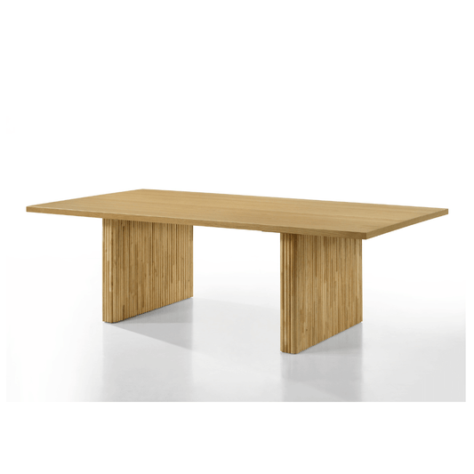 Einar Rubber Wood Natural Finish Dining Table 94"L showcasing its natural oak veneer surface and unique leg design.