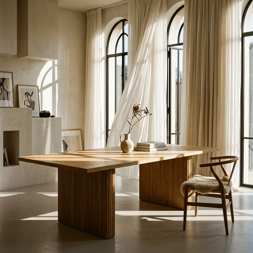 Einar Rubber Wood Natural Finish Dining Table 94"L in a bright, airy dining space with large windows and soft curtains.