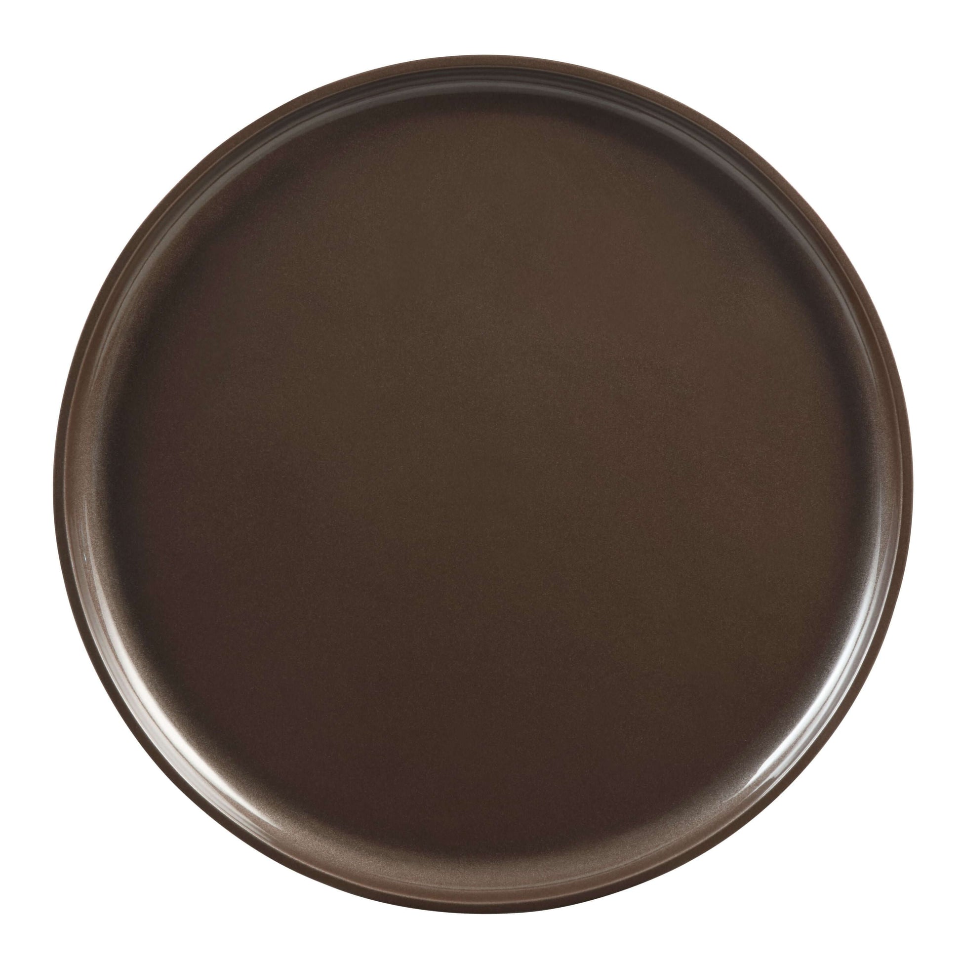 Brown ceramic serving plate, glossy finish, round shape, perfect for dining or serving food.