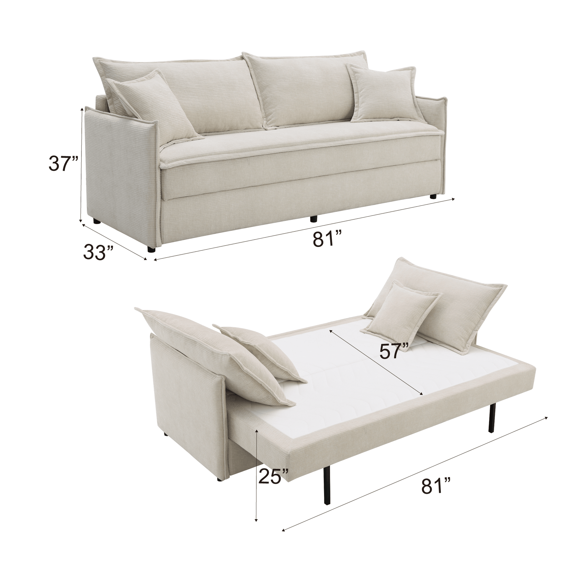 Elisea Fabric Sleeper Sectional – 81” Beige Pull-Out Sofa Bed with Storage dimensions and design features.