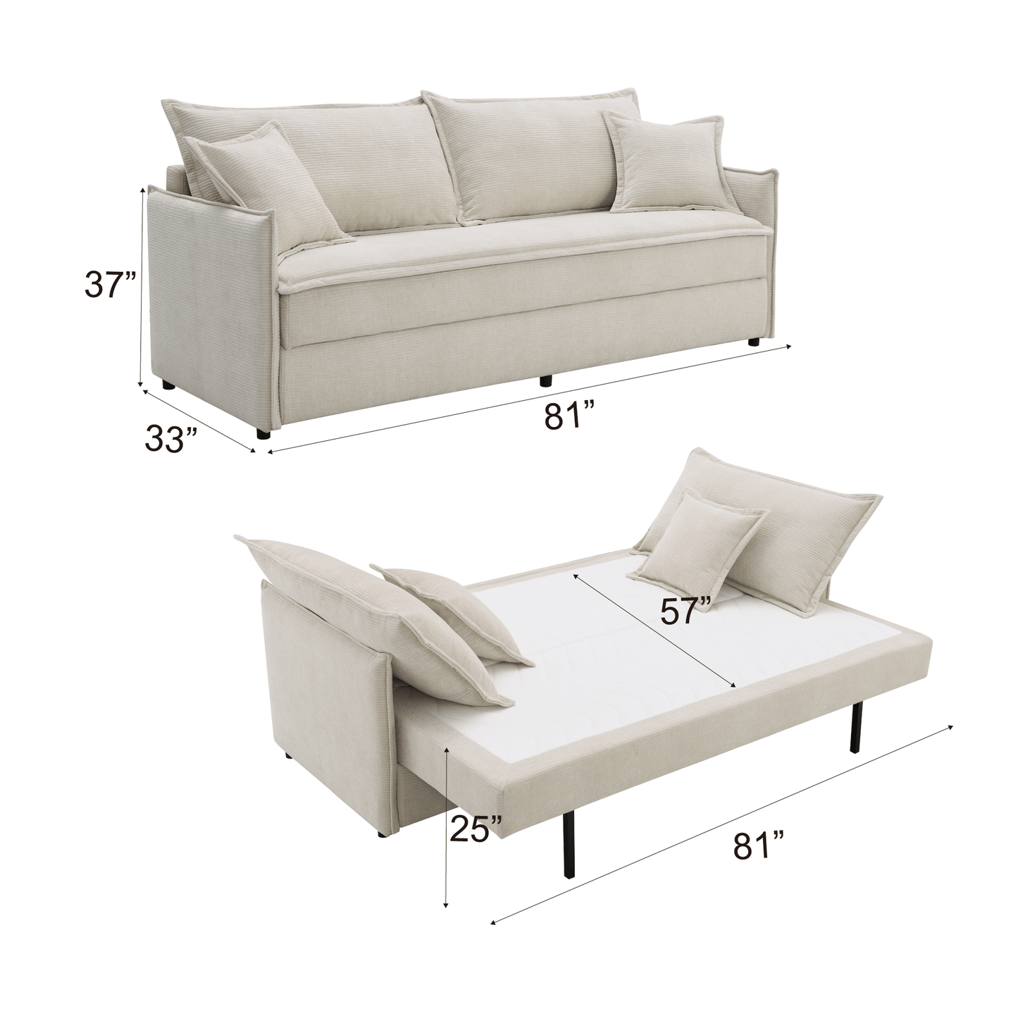 Elisea Fabric Sleeper Sectional – 81” Beige Pull-Out Sofa Bed with Storage dimensions and design features.