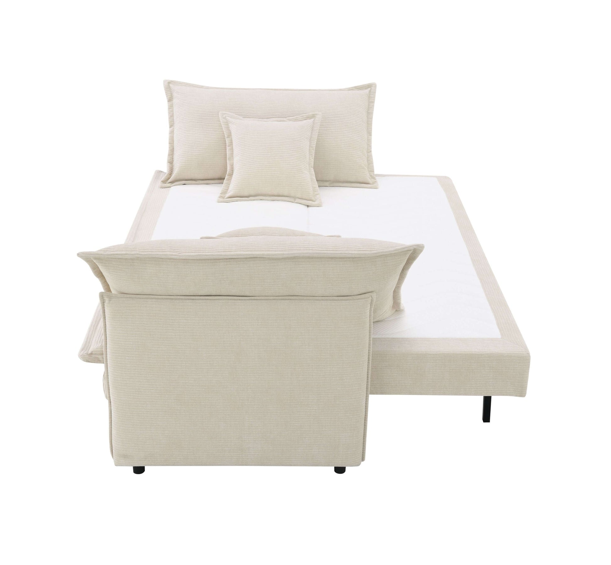 Elisea Fabric Sleeper Sectional – 81” Beige Pull-Out Sofa Bed with Storage in open position with cushions.