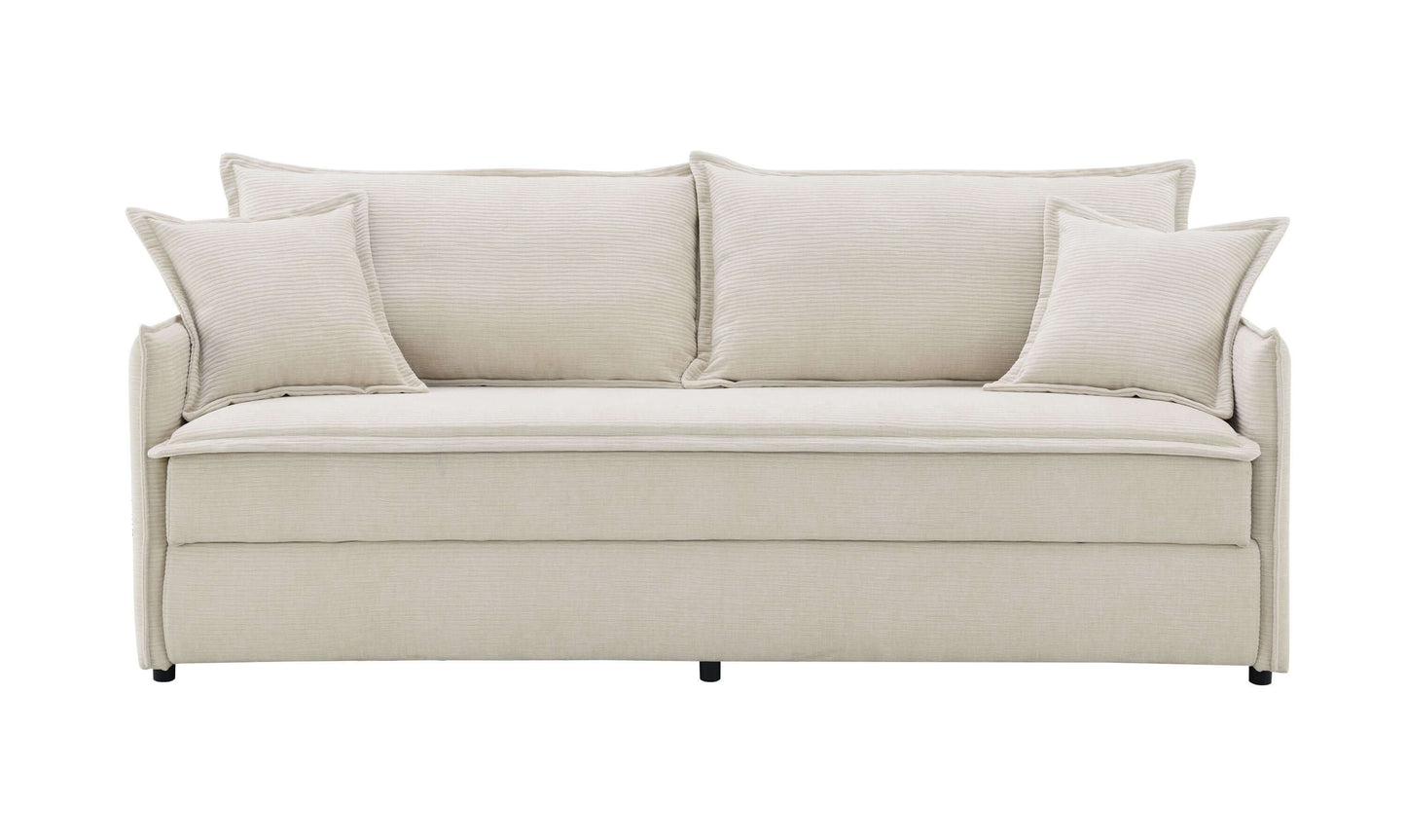 Elisea Fabric Sleeper Sectional – 81” Beige Pull-Out Sofa Bed with Storage front view with cushions.