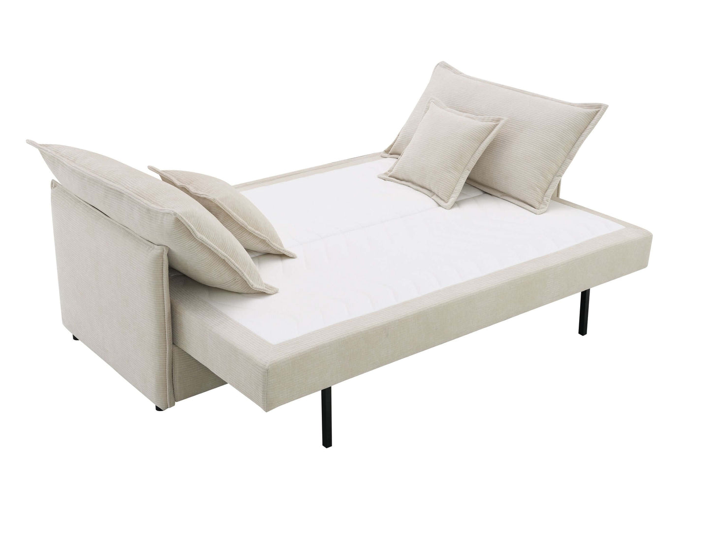Elisea Fabric Sleeper Sectional – 81” Beige Pull-Out Sofa Bed with Storage in sleep position with cushions.