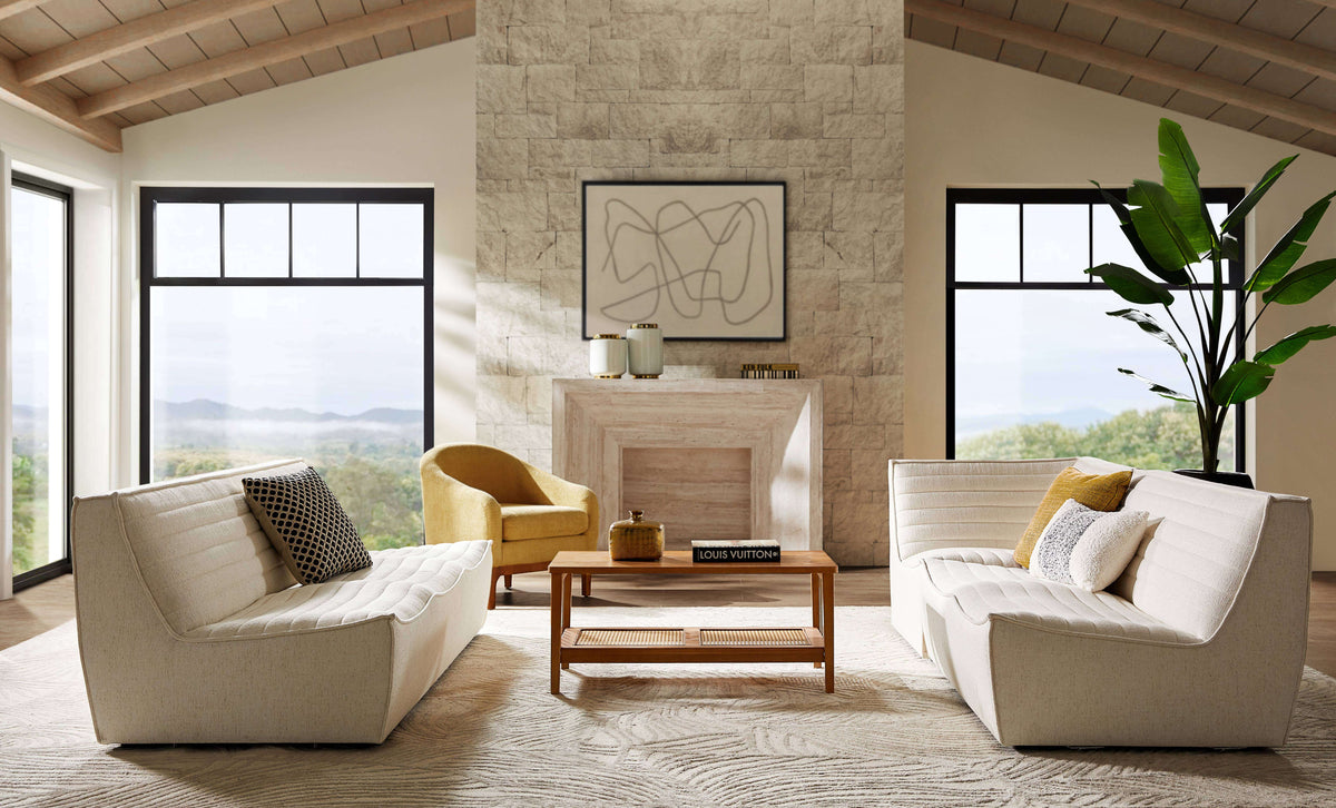 Modern living room featuring Evelyn Harmony fabric corner sofa sectional with a cozy atmosphere and stylish decor.