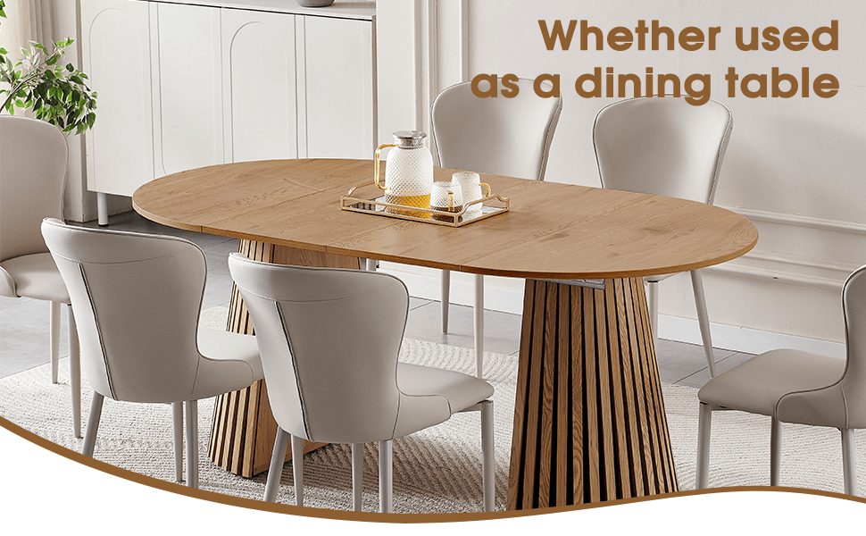 Elegant Extendable Oval Dining Table for 6 with modern wooden finish and stylish chairs in a bright dining room.