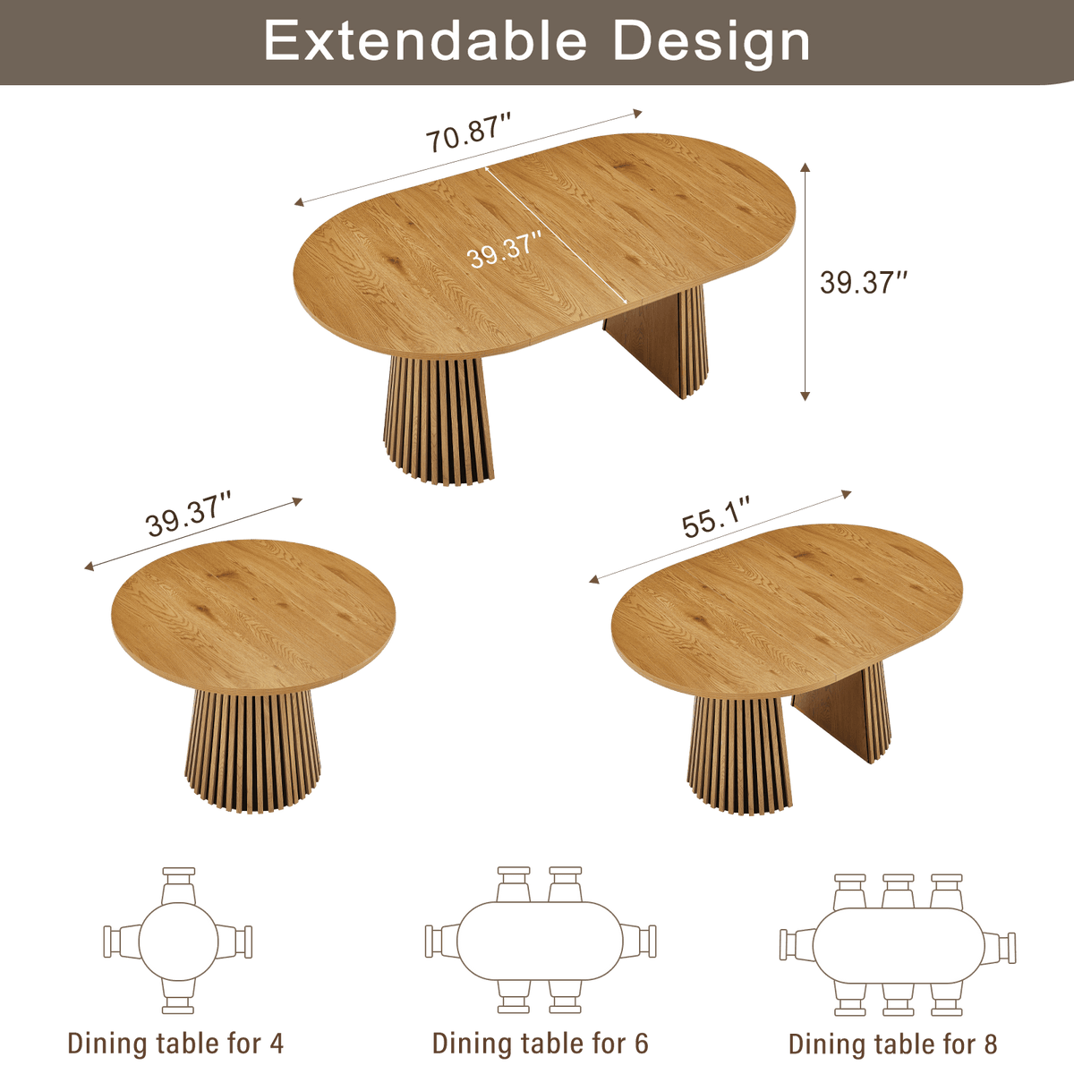Modern Extendable Oval Dining Table design showing its flexible extendable features and dimensions.