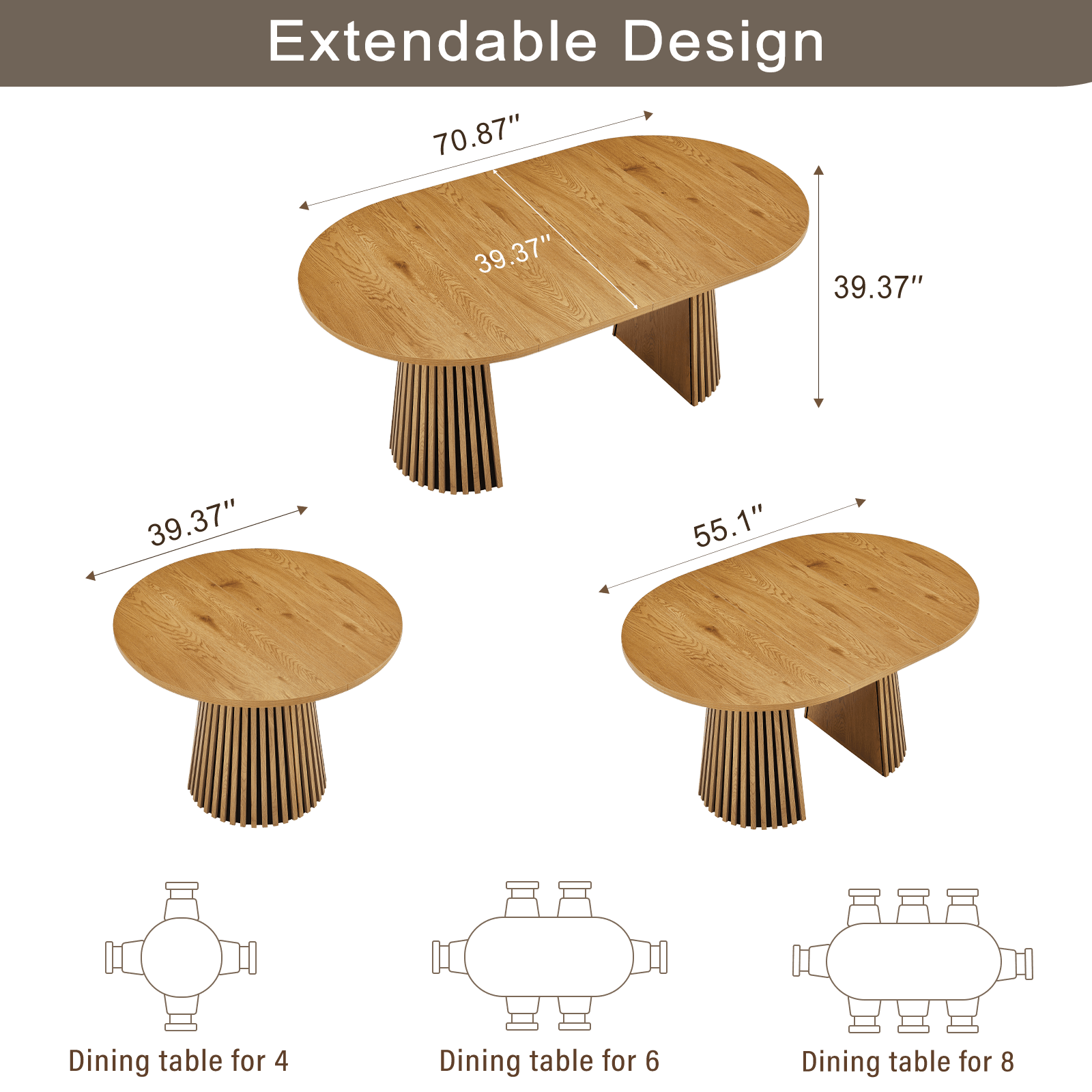 Modern Extendable Oval Dining Table design showing its flexible extendable features and dimensions.