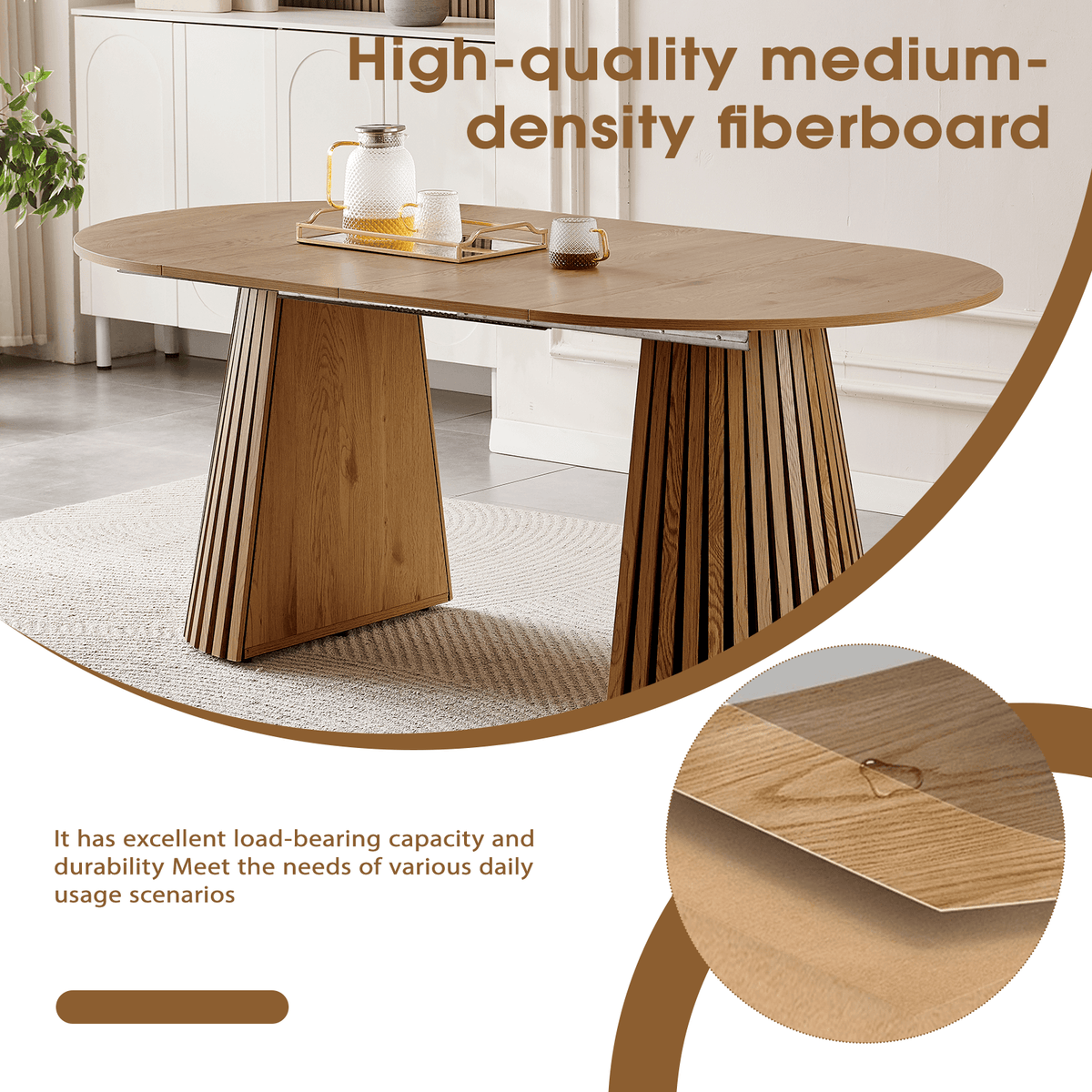 Extendable Oval Dining Table for 6 made of high-quality medium-density fiberboard with a stylish design.