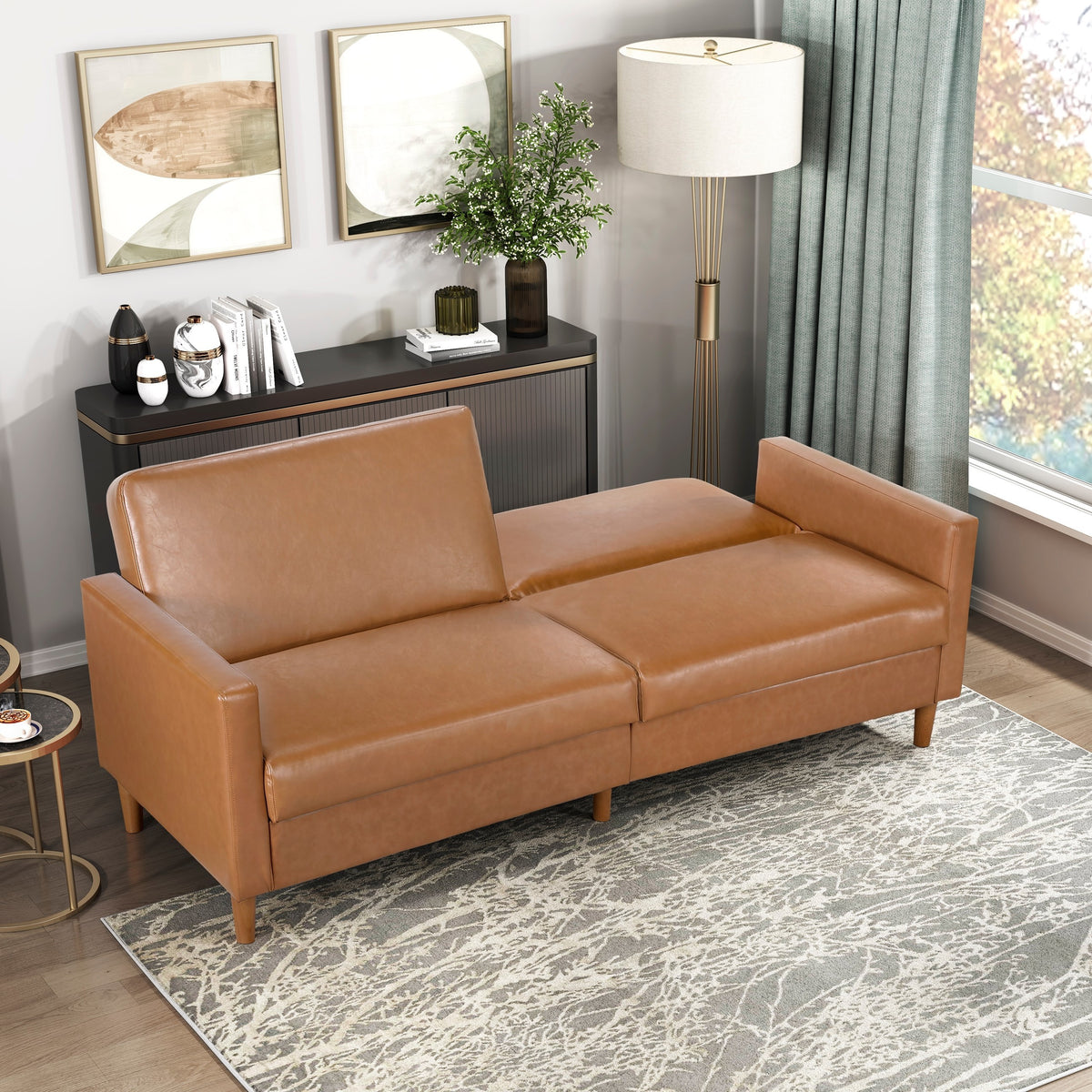 Corbett Camel Faux Leather Sleeper Sofa