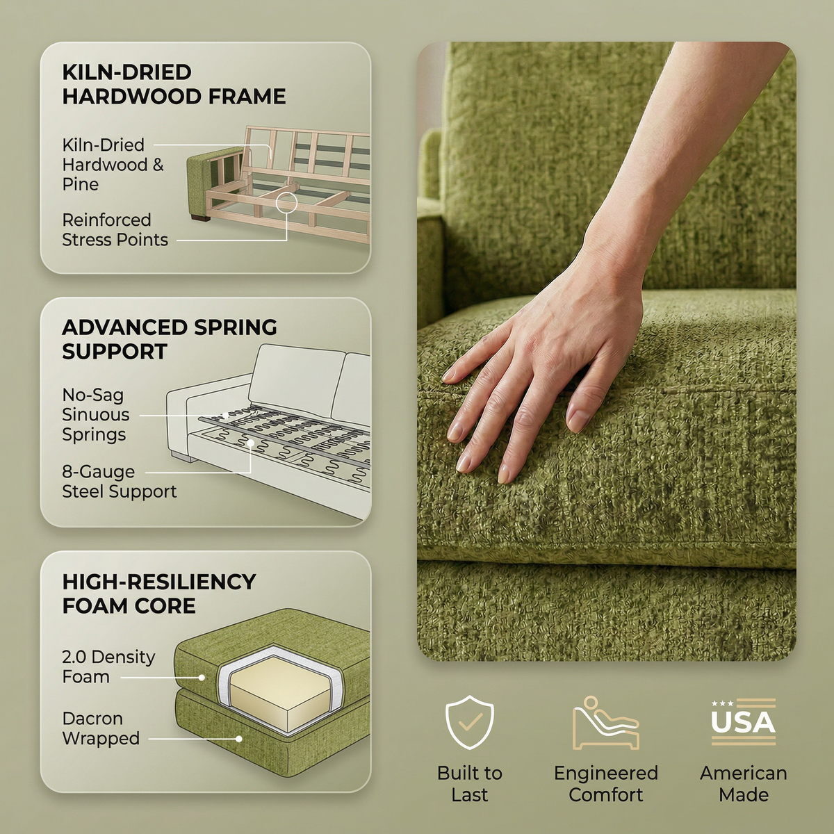 Modena Sofa 92" – Made in USA Square-Arm Sofa (7 Fabrics) - Notion Appletini - Fabric (13)