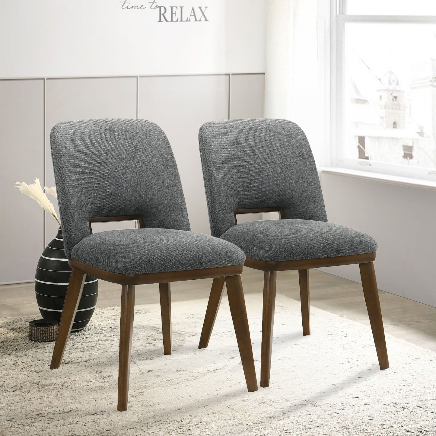 Ignatius Dark Gray Fabric Dining Chair – 33.7"H Walnut Wood Base Mid-Century Chairs (Set of 2)