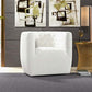 Delaney Tufted Swivel Barrel Chair – Modern Accent Chair (Multiple Colors & Fabrics) in white upholstery.