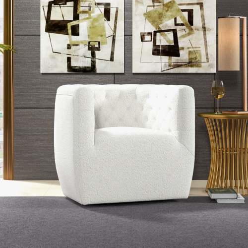 Delaney Tufted Swivel Barrel Chair – Modern Accent Chair (Multiple Colors & Fabrics) in white upholstery.