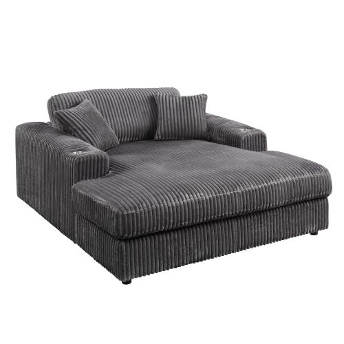 Oversized Gray Corduroy Deep Seat Chaise Lounge with Cup Holder &amp; 2 Pillows – Modern Comfy Accent Chair