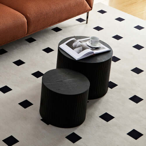 Handcrafted MDF Round Accent Table Set (2-Piece) – Nesting Side Tables with Storage (2 Colors) in modern living room setup.