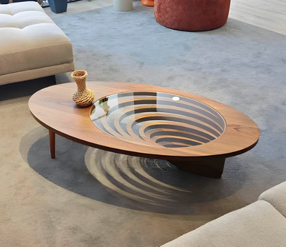 Prentice Brown Wood Coffee Table – 47" 3D Vortex Tempered Glass Coffee Table