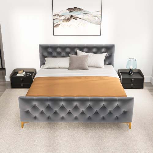 Bailey Velvet Tufted Platform Bed Frame – Mid-Century Upholstered Bed (3 Colors, No Box Spring) in a stylish bedroom setting.