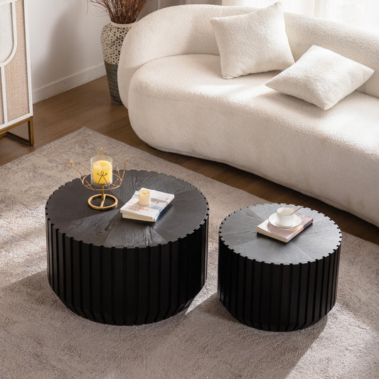 Carys Black Fluted Round Coffee Table Set – 26.77" 2-Piece Nesting Coffee Tables