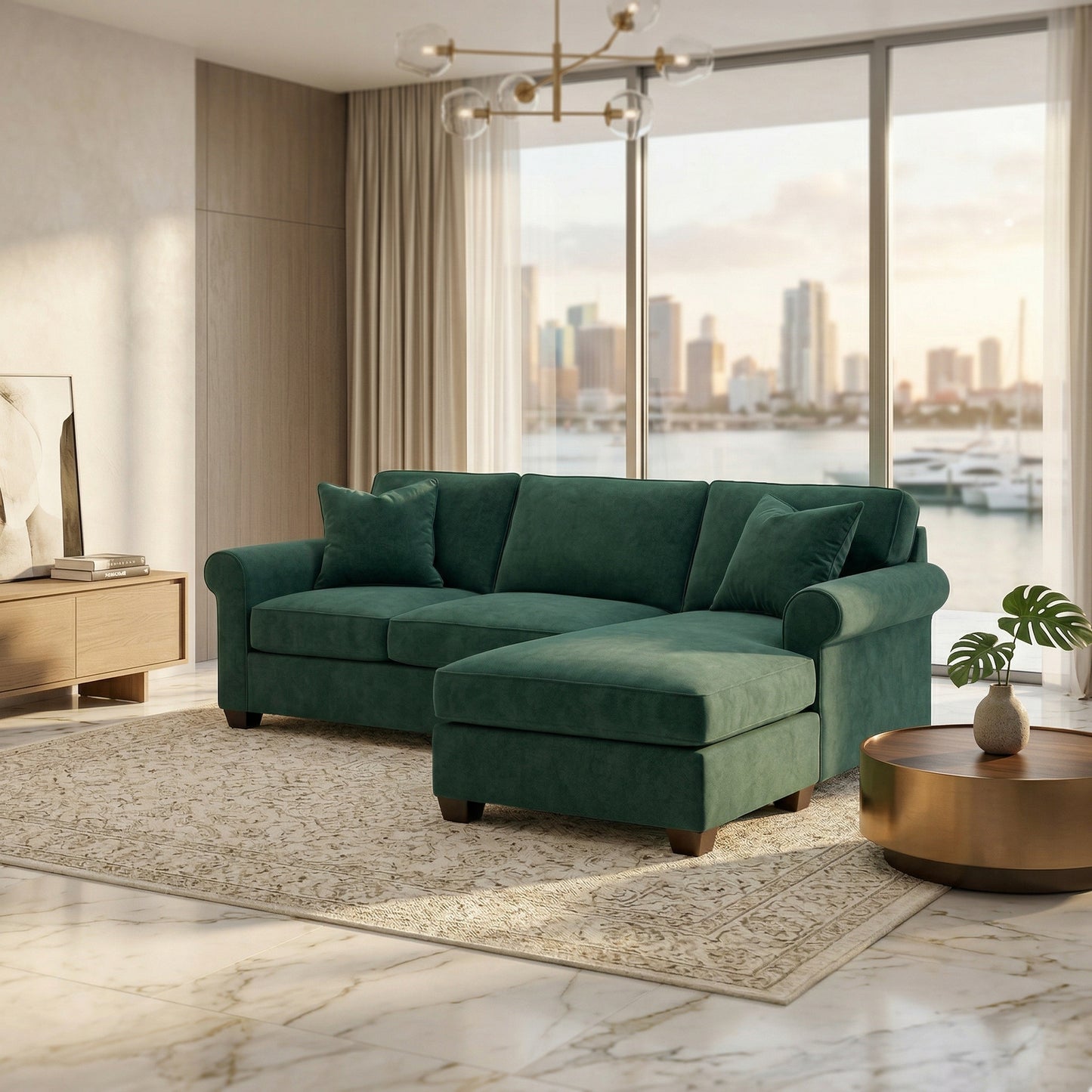 Irlanda Upholstered L-Shaped Sectional – 120" Made-in-USA Sectional Sofa - Velvet Antique Kelly Green - Velvet (10)