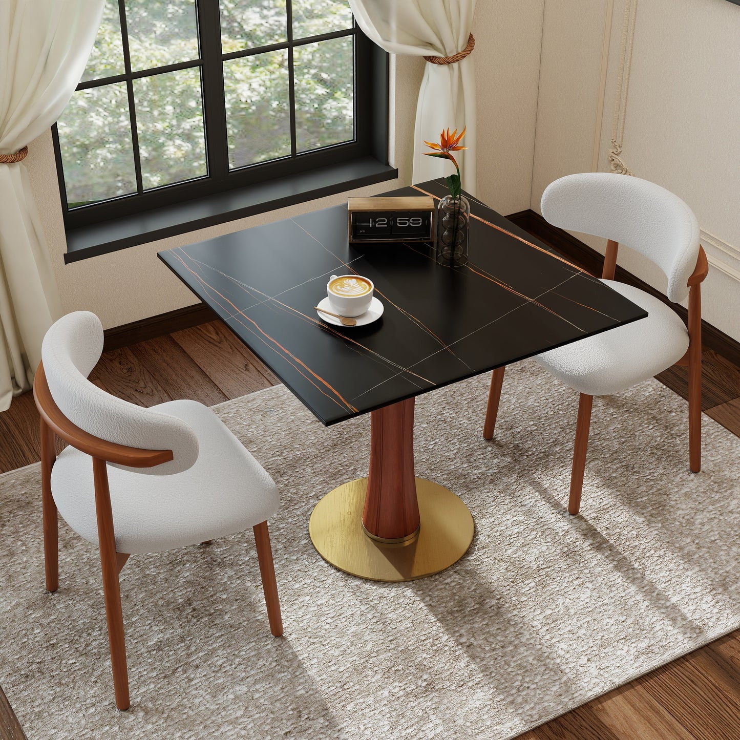 Brockwell Black & Brown Sintered Stone Dining Table – 33.5" Square 2-Person Table with Gold Base